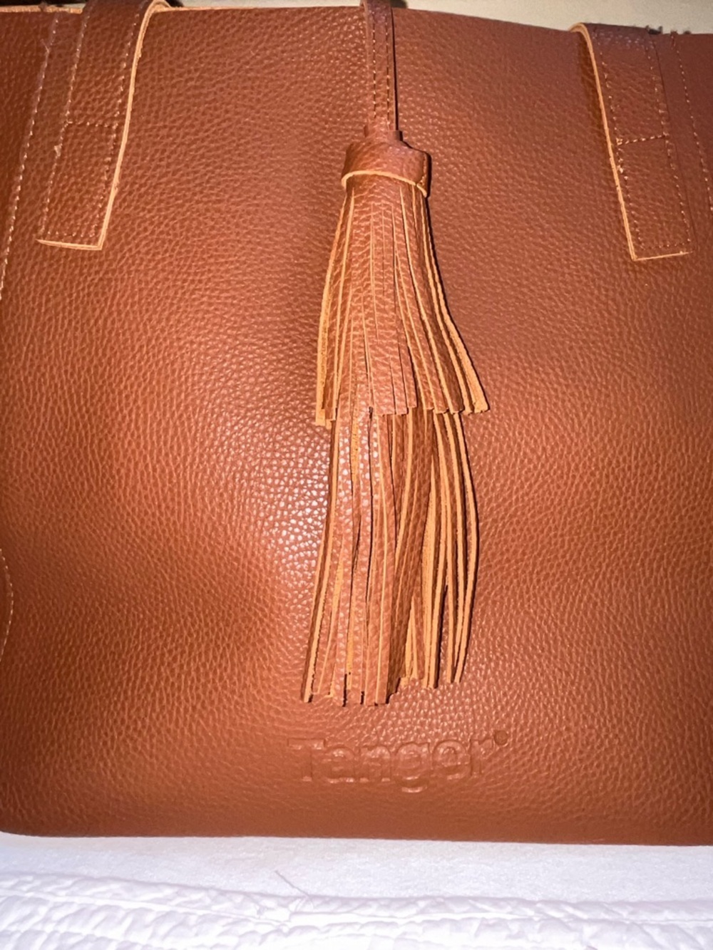 Tanger Brown Pebbled Faux Leather Tote Large Tassel Shoulder Bag 15” NWOT - Picture 8 of 8
